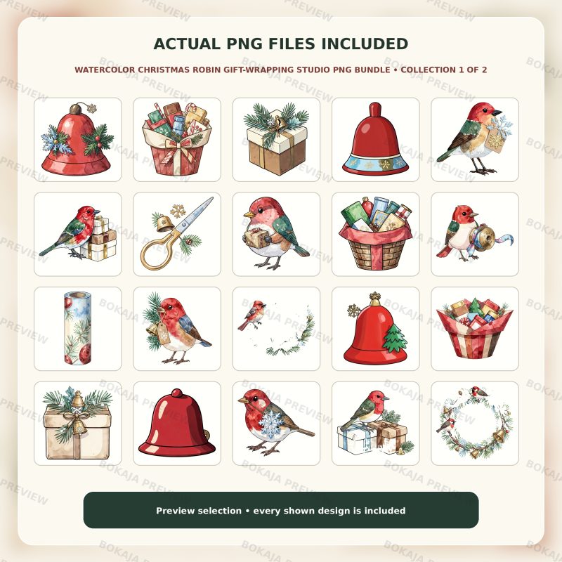 Watercolor Christmas Robin Gift-Wrapping Studio PNG Bundle image 2