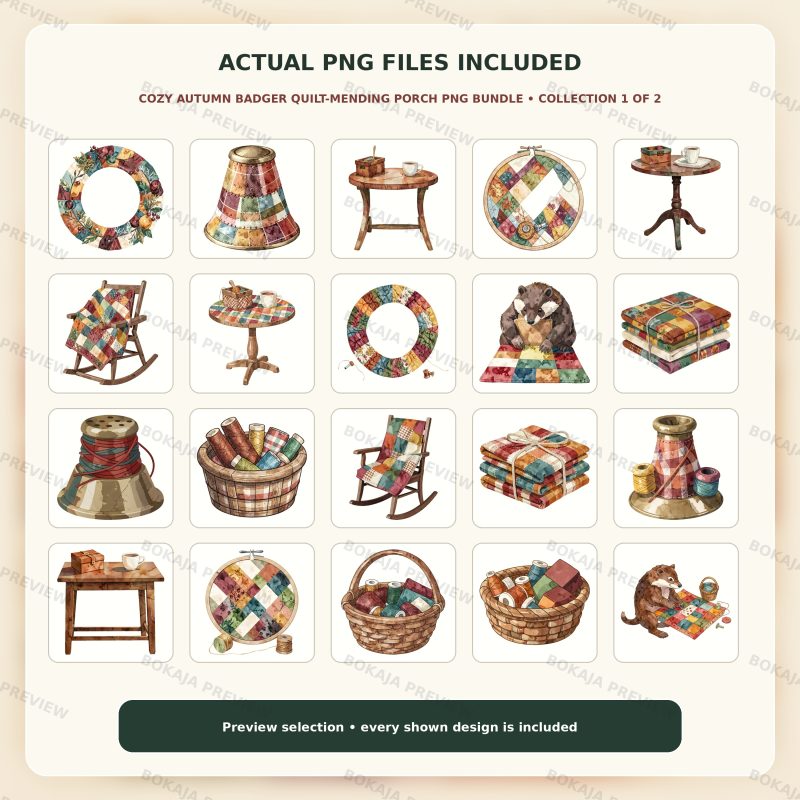Cozy Autumn Badger Quilt-Mending Porch PNG Bundle image 2