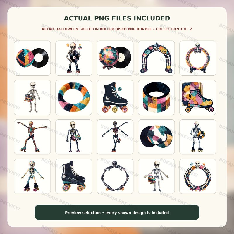 Retro Halloween Skeleton Roller Disco PNG Bundle image 2