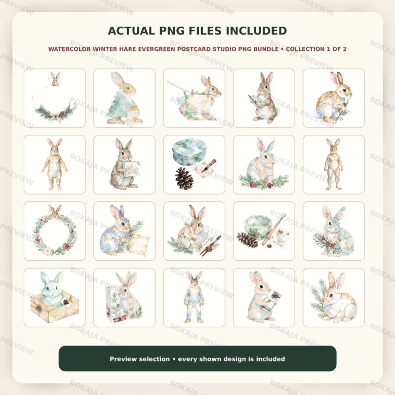 Watercolor Winter Hare Evergreen Postcard Studio PNG Bundle image 2