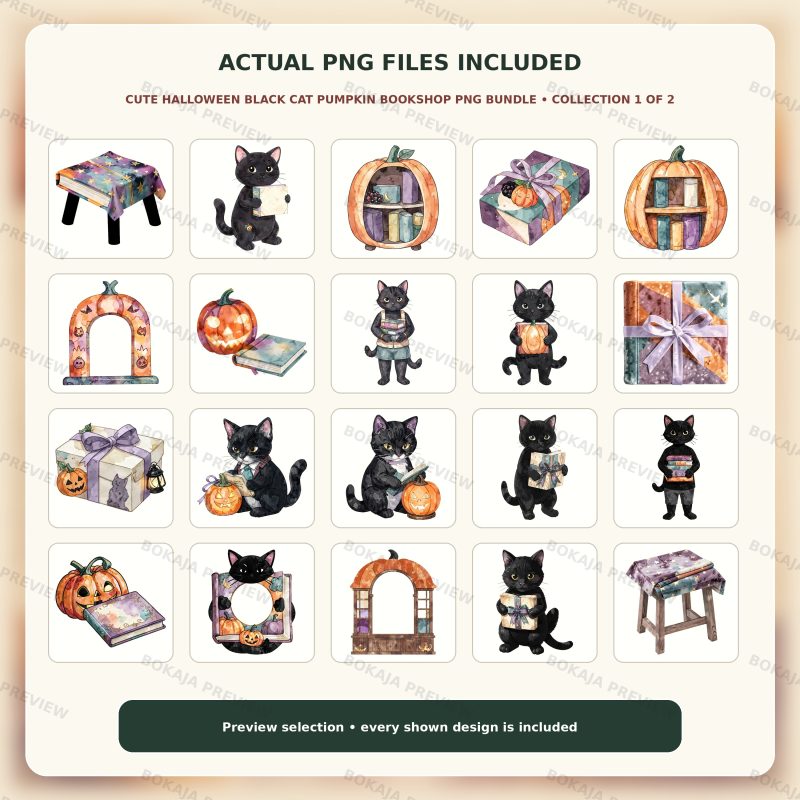 Cute Halloween Black Cat Pumpkin Bookshop PNG Bundle image 2