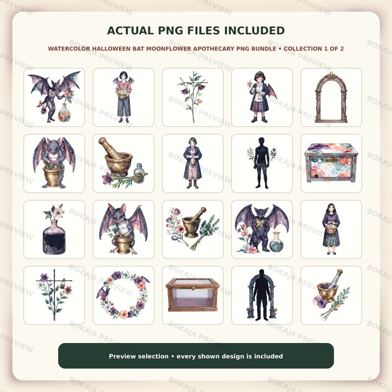 Watercolor Halloween Bat Moonflower Apothecary PNG Bundle image 2