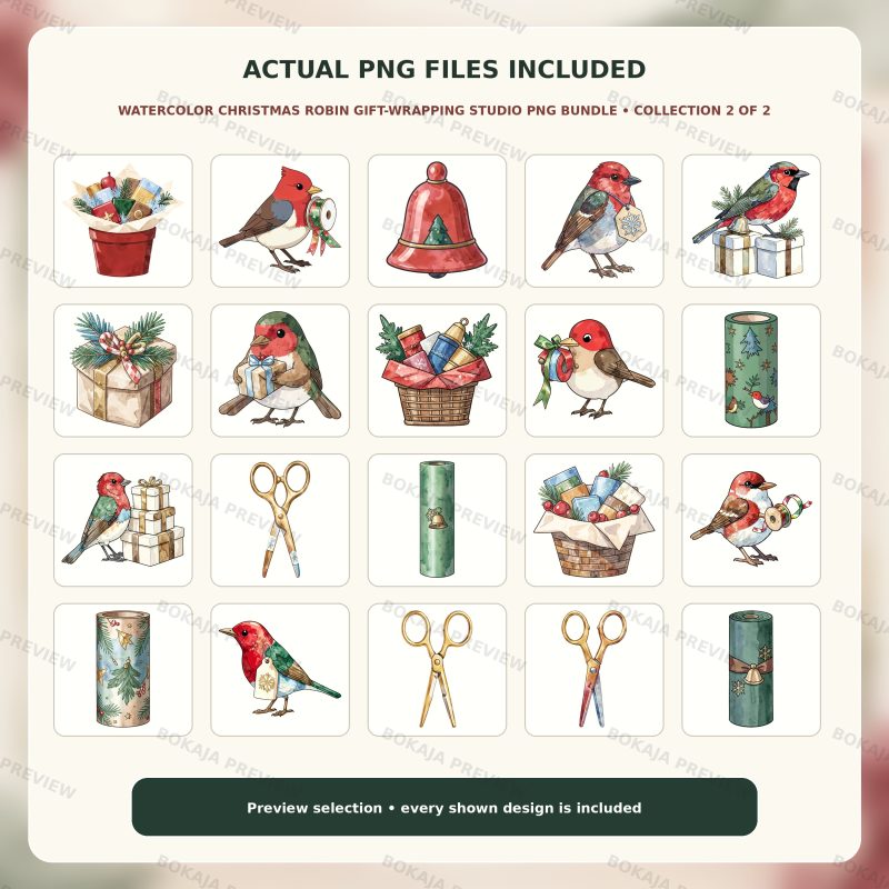 Watercolor Christmas Robin Gift-Wrapping Studio PNG Bundle image 3