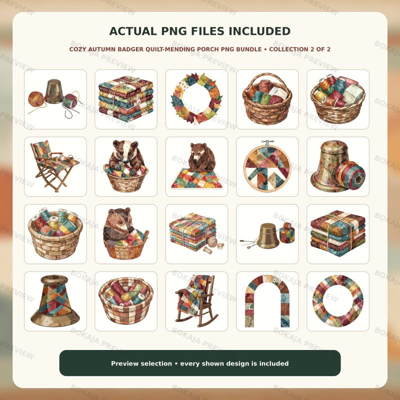 Cozy Autumn Badger Quilt-Mending Porch PNG Bundle image 3