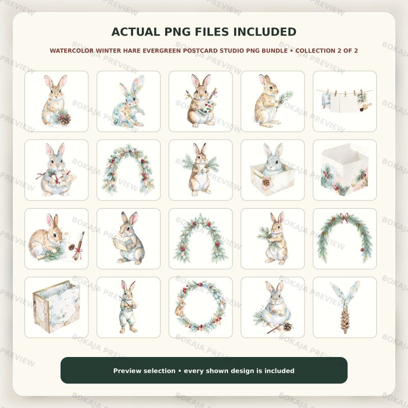 Watercolor Winter Hare Evergreen Postcard Studio PNG Bundle image 3