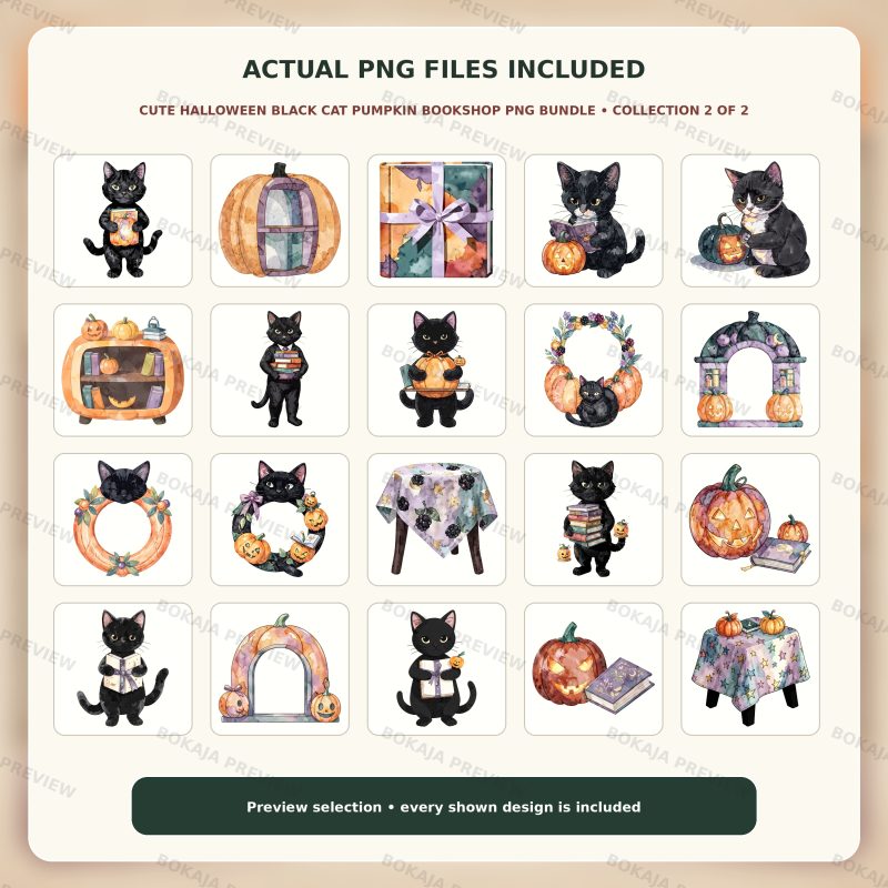 Cute Halloween Black Cat Pumpkin Bookshop PNG Bundle image 3