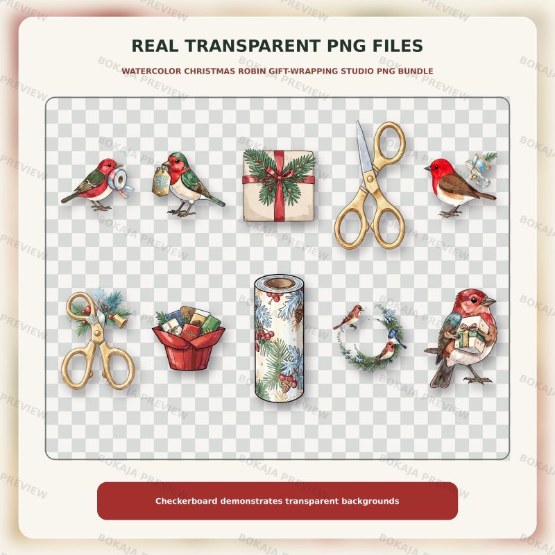 Watercolor Christmas Robin Gift-Wrapping Studio PNG Bundle image 4