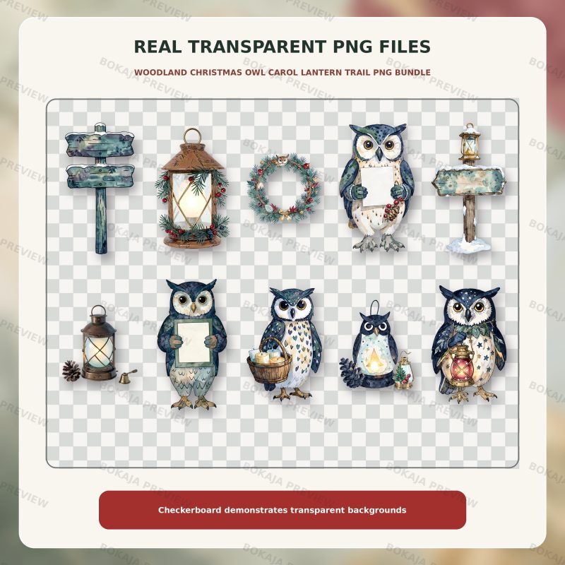 Woodland Christmas Owl Carol Lantern Trail PNG Bundle image 4