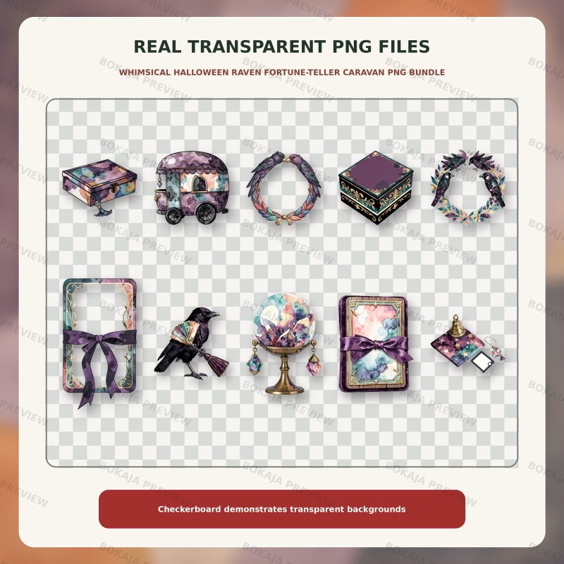 Whimsical Halloween Raven Fortune-Teller Caravan PNG Bundle image 4