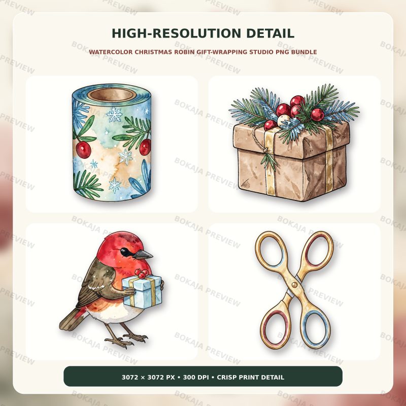 Watercolor Christmas Robin Gift-Wrapping Studio PNG Bundle image 5