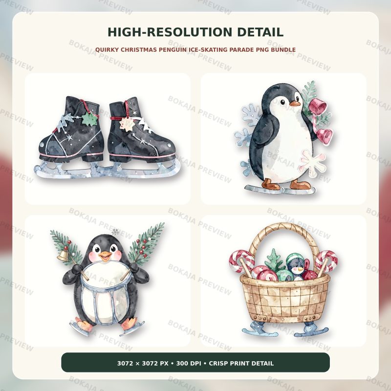 Quirky Christmas Penguin Ice-Skating Parade PNG Bundle image 5