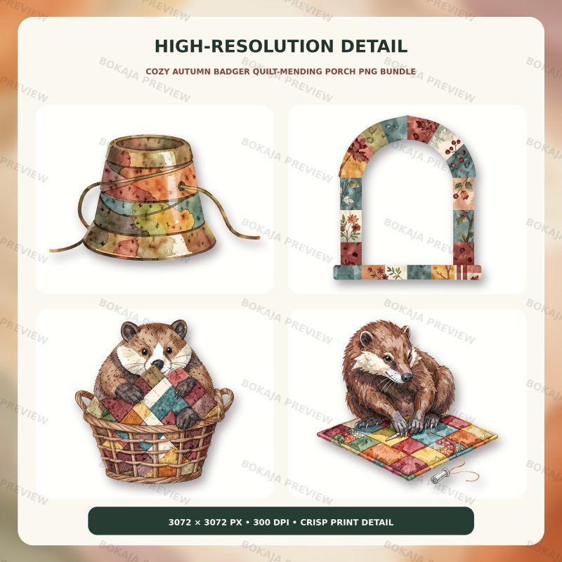 Cozy Autumn Badger Quilt-Mending Porch PNG Bundle image 5