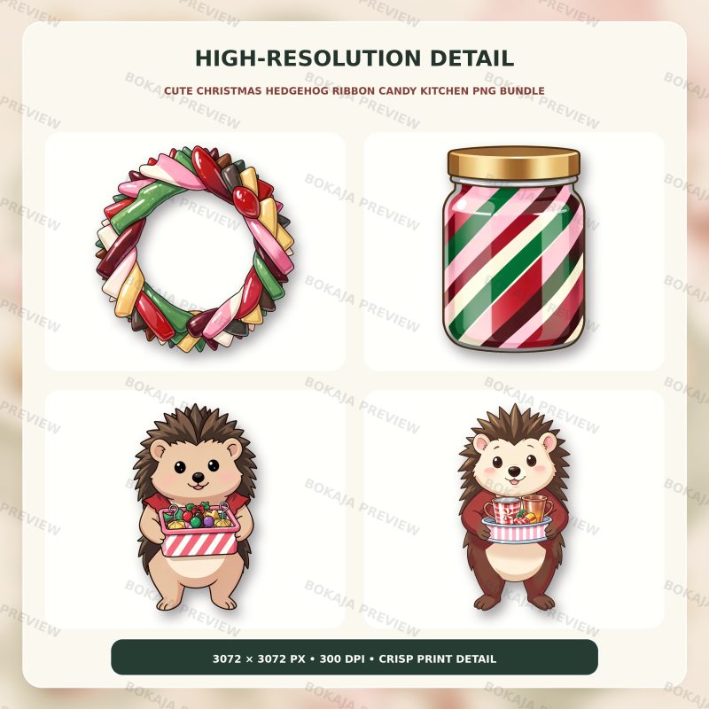 Cute Christmas Hedgehog Ribbon Candy Kitchen PNG Bundle image 5