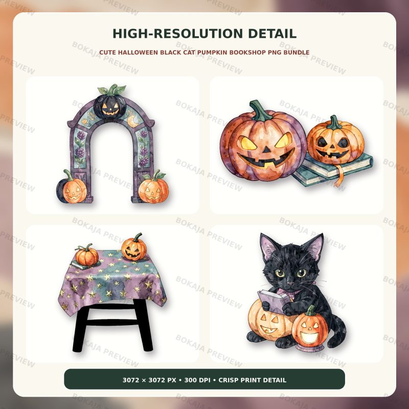 Cute Halloween Black Cat Pumpkin Bookshop PNG Bundle image 5