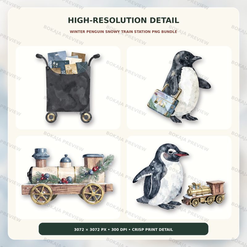 Paquete PNG de estación de tren nevada con pingüino invernal image 5