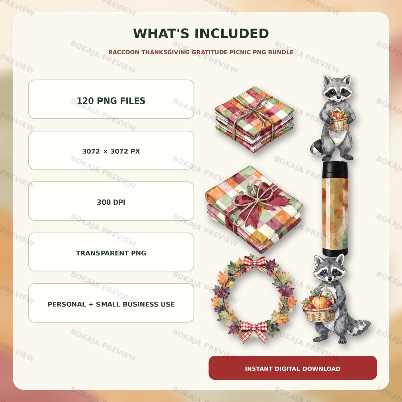 Raccoon Thanksgiving Gratitude Picnic PNG Bundle image 6