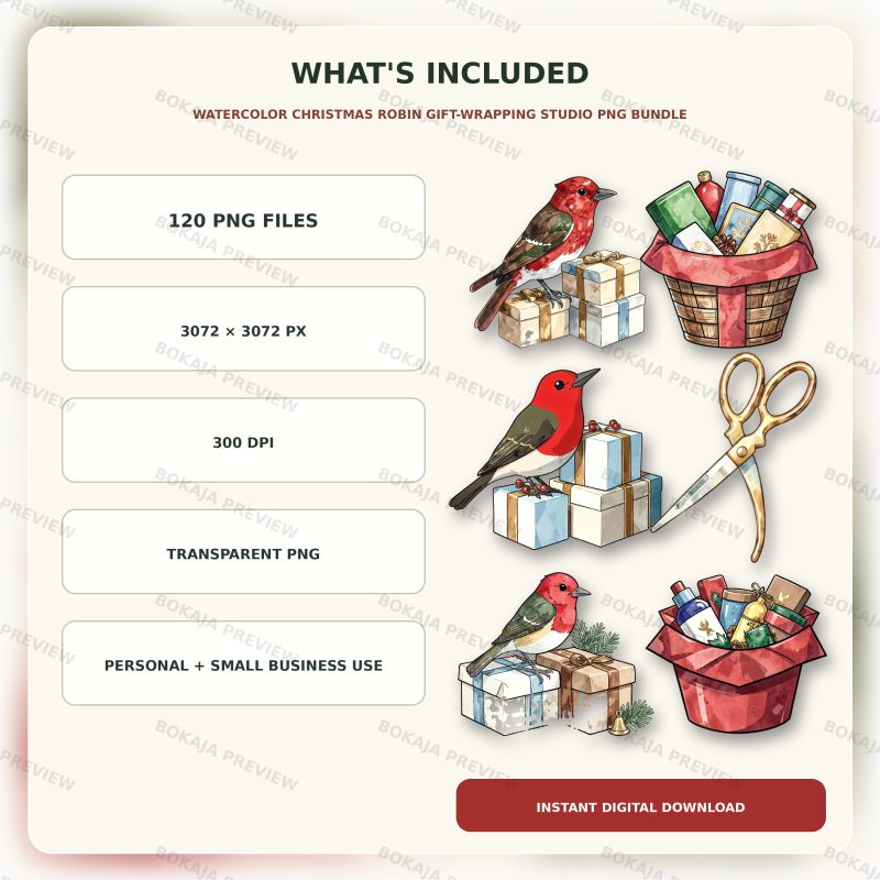 Watercolor Christmas Robin Gift-Wrapping Studio PNG Bundle image 6