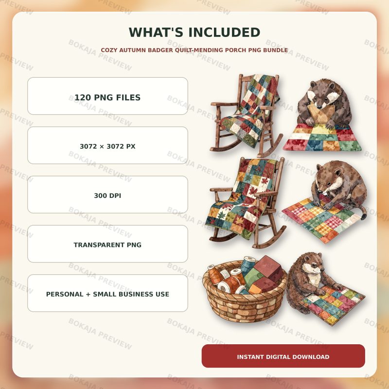 Cozy Autumn Badger Quilt-Mending Porch PNG Bundle image 6