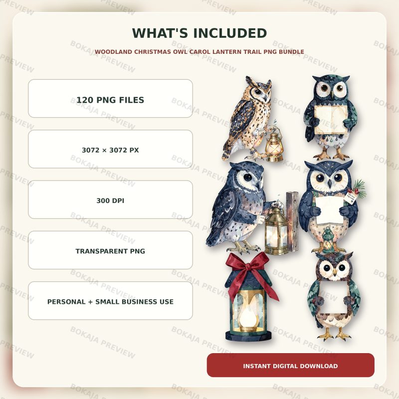 Woodland Christmas Owl Carol Lantern Trail PNG Bundle image 6