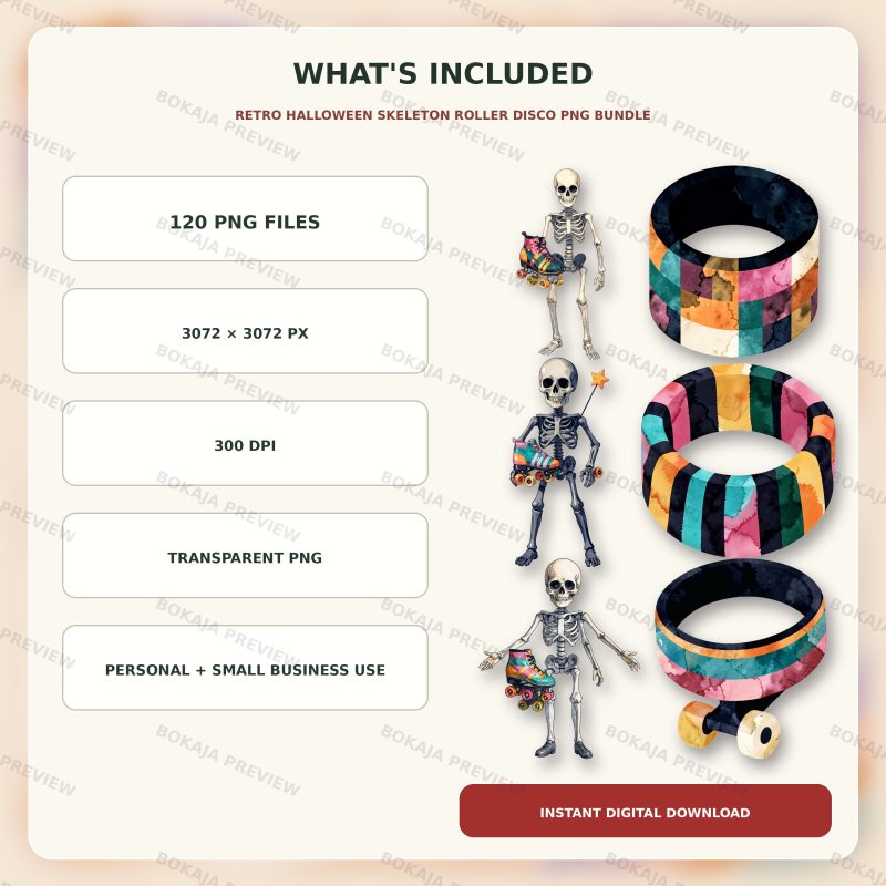 Retro Halloween Skeleton Roller Disco PNG Bundle image 6