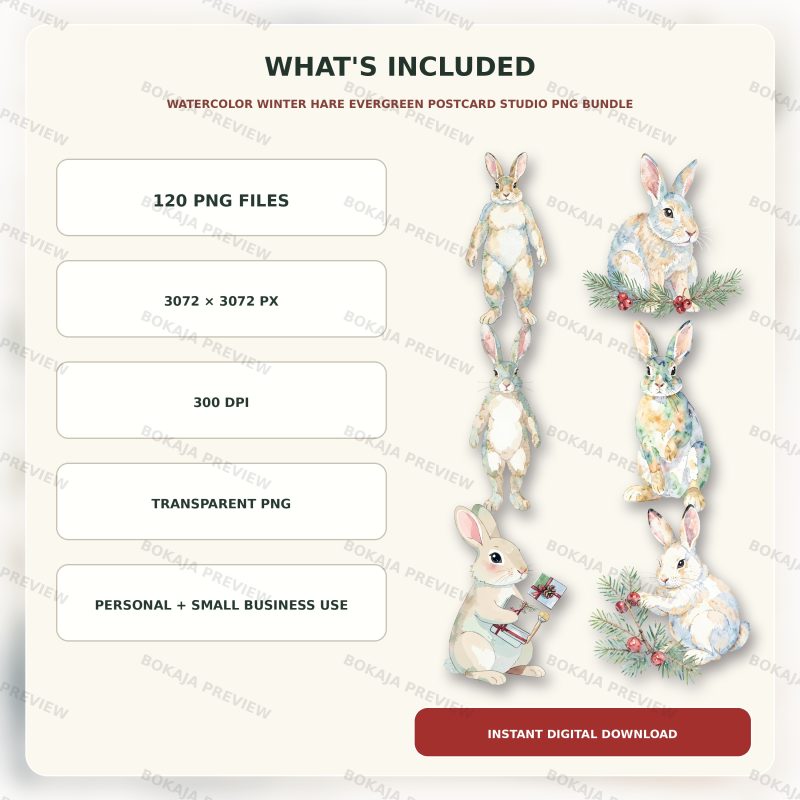 Watercolor Winter Hare Evergreen Postcard Studio PNG Bundle image 6