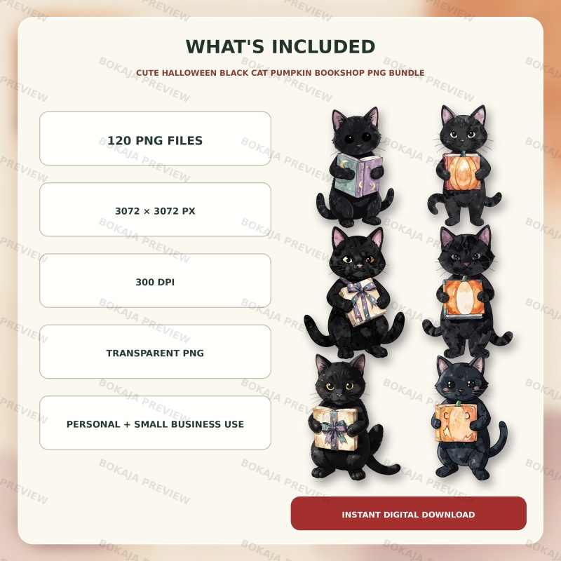 Cute Halloween Black Cat Pumpkin Bookshop PNG Bundle image 6