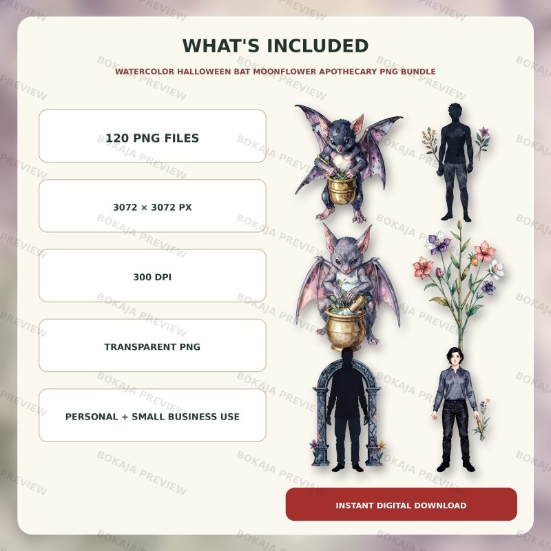 Watercolor Halloween Bat Moonflower Apothecary PNG Bundle image 6