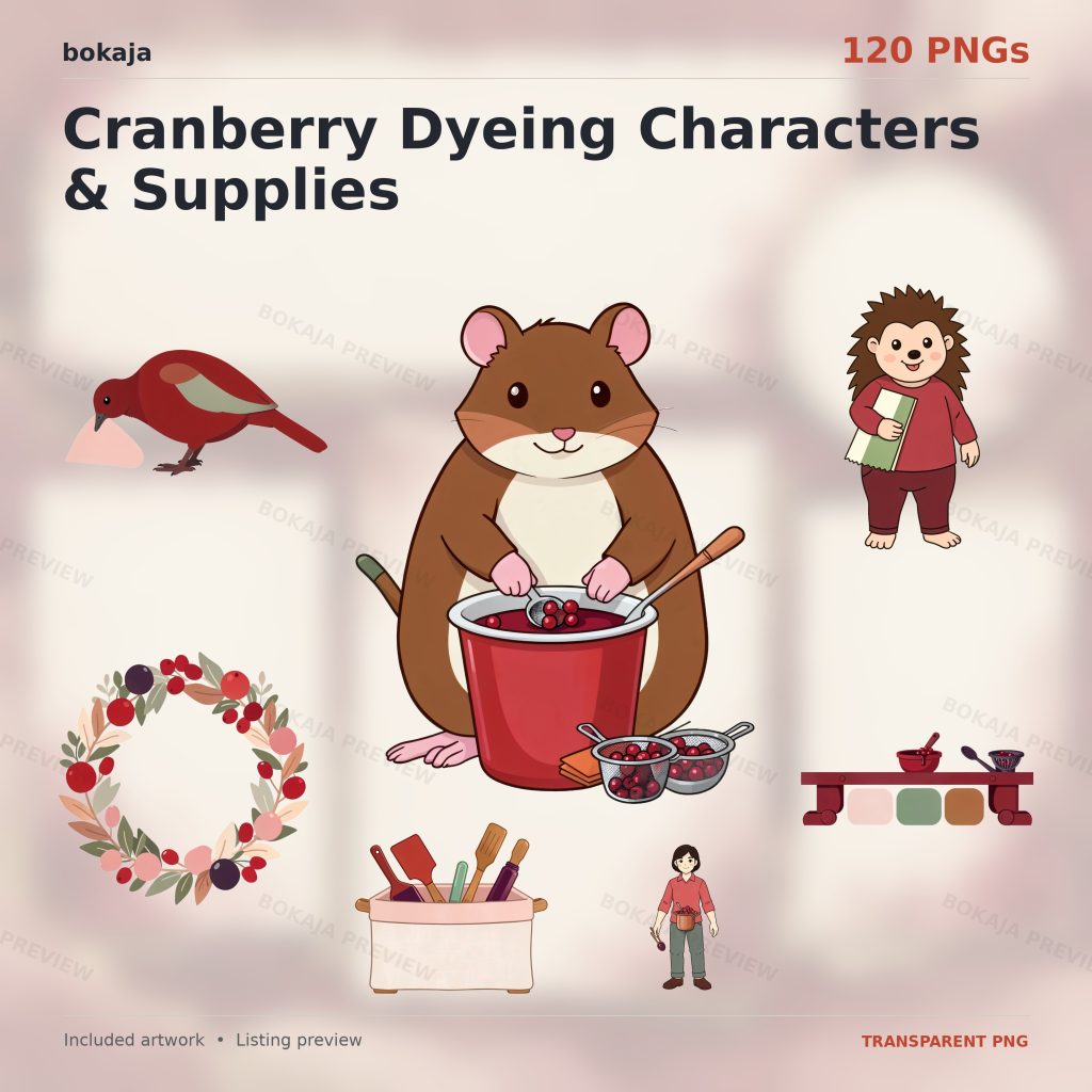 Cranberry Dyeing Characters & Supplies Clipart – 120 PNGs