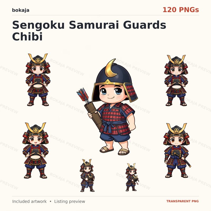 Sengoku Samurai Guards Chibi Clipart – 120 PNGs image 1