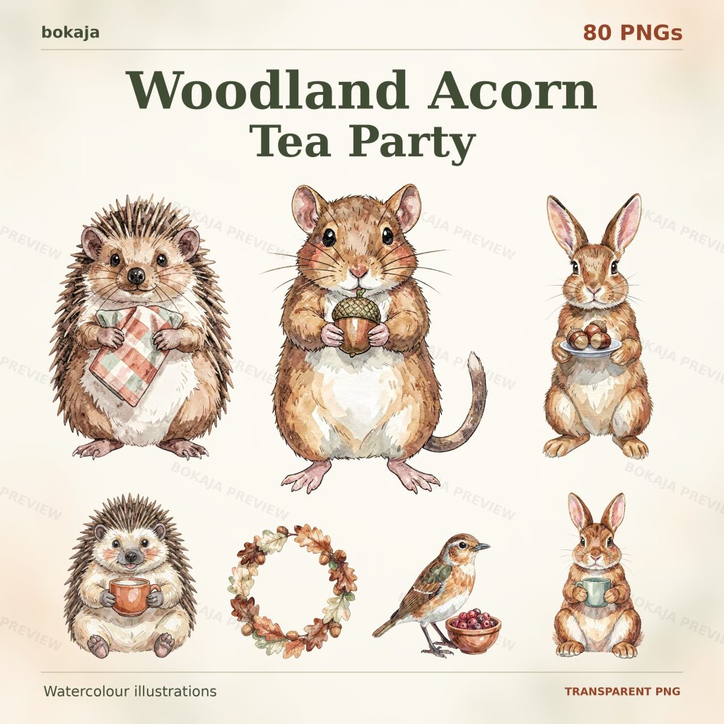 Woodland Acorn Tea Party Clipart – 80 PNGs