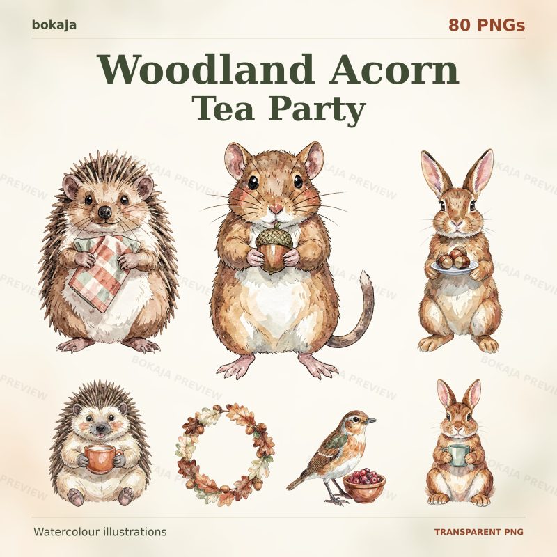 Woodland Acorn Tea Party Clipart – 80 PNGs image 1