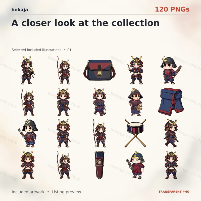 Sengoku Samurai Guards Chibi Clipart – 120 PNGs image 2
