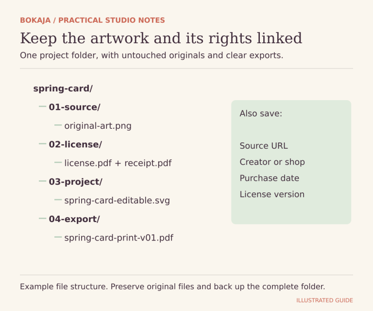 Example project folder links original artwork, license and receipt, editable source, and versioned print export.