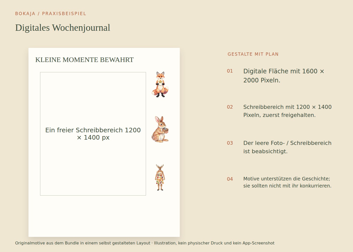 Digitales Wochenjournal: Beispiellayout mit Motiven aus Herbstlicher Blätterpressclub der Tiere