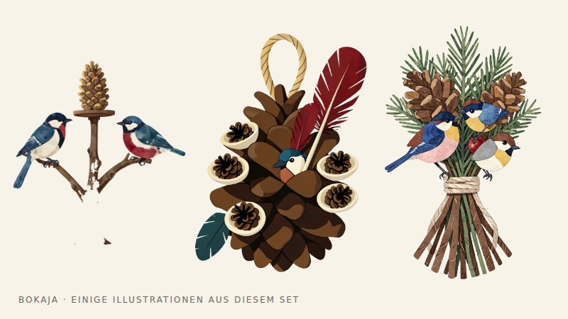 Illustrationen aus der PNG-Sammlung Meisenwerkstatt für Futterspender aus Kiefernzapfen