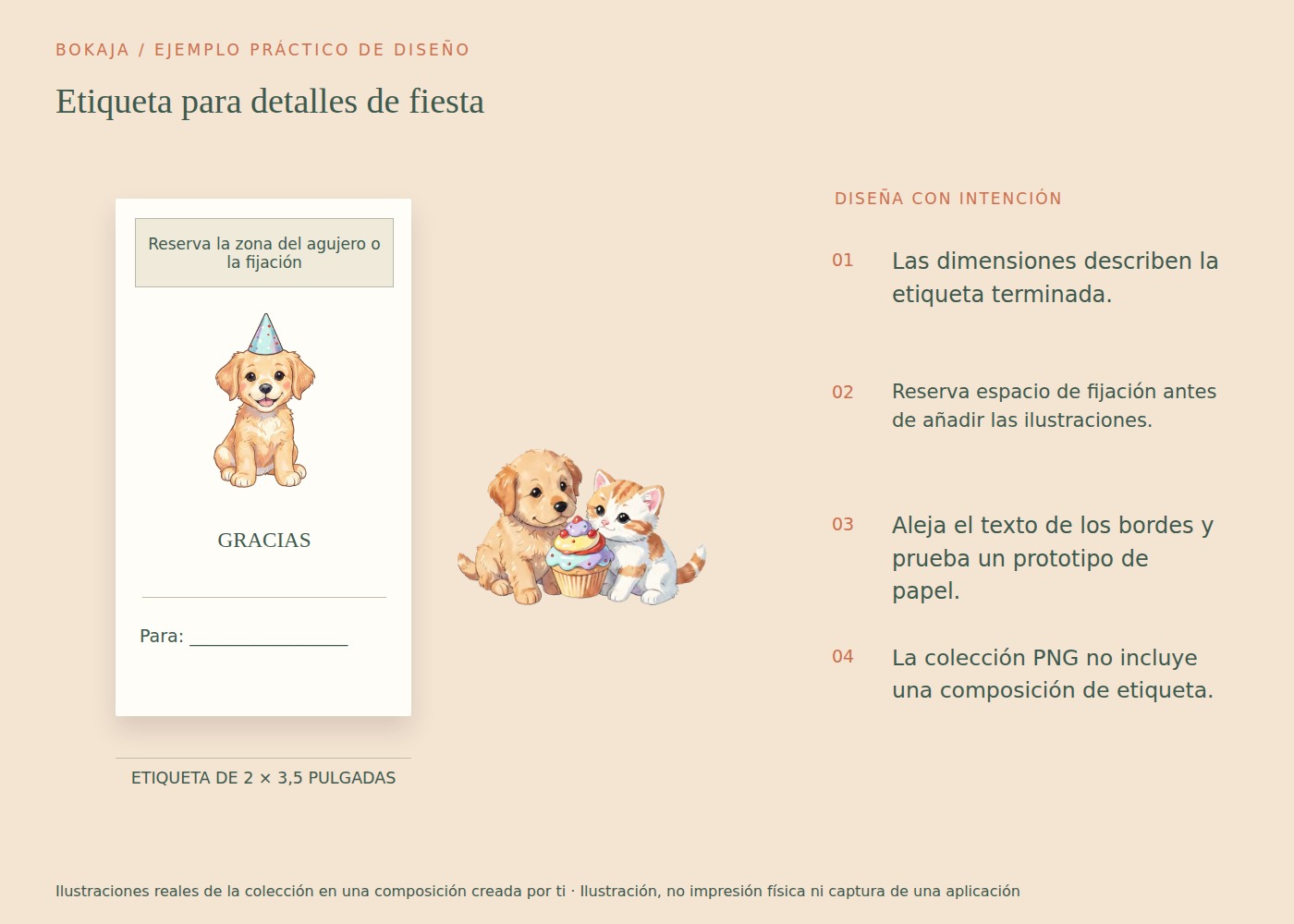 Etiqueta para detalles de fiesta: ejemplo de composición con ilustraciones de Pastelería de cumpleaños de cachorros