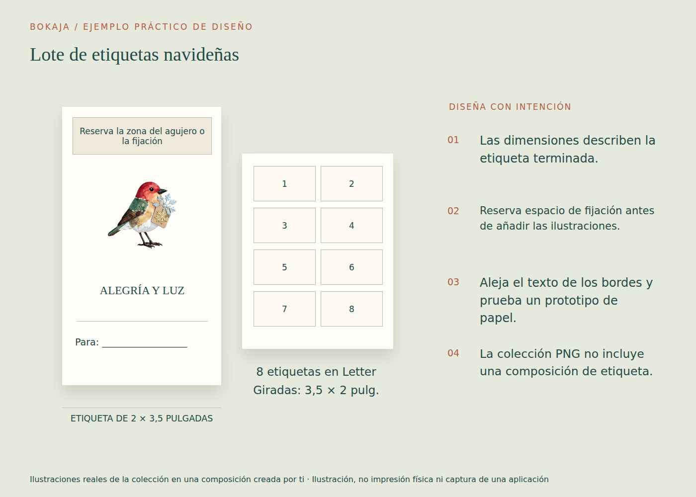 Lote de etiquetas navideñas para regalos: ejemplo de composición con ilustraciones de Estudio de envoltorios navideños en acuarela con petirrojo