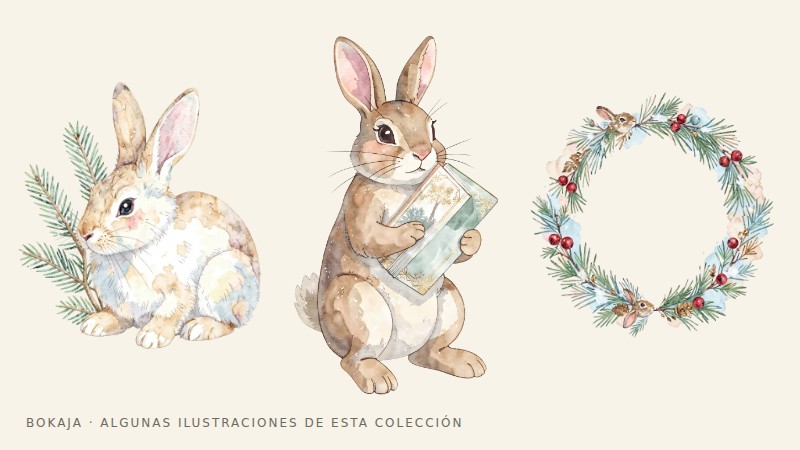 Ilustraciones de la colección PNG Estudio de postales invernales en acuarela con liebre y ramas perennes