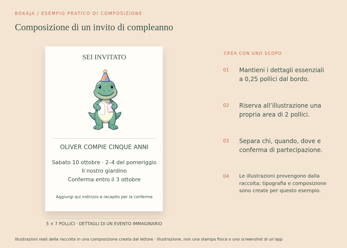 Composizione di un invito di compleanno: esempio realizzato con le illustrazioni Avventura di compleanno con i dinosauri