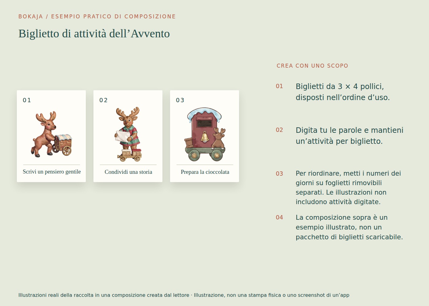 Biglietto di attività dell’Avvento: esempio di composizione con illustrazioni di Carretto postale delle renne giocattolaie di pan di zenzero