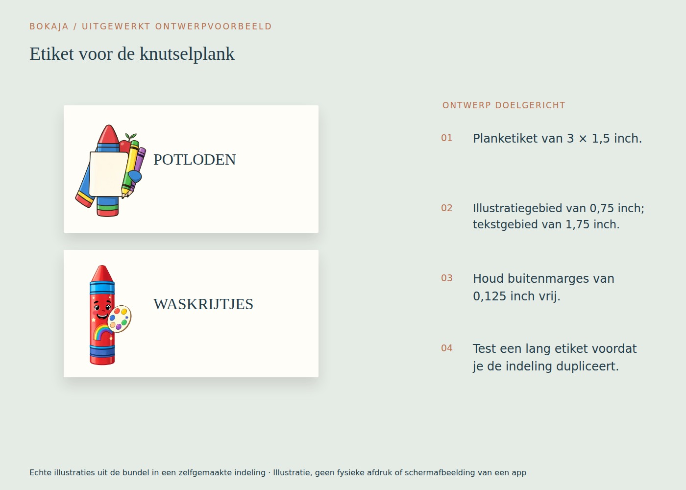 Etiket voor de knutselplank: voorbeeldindeling met illustraties uit Regenboogwaskrijtatelier