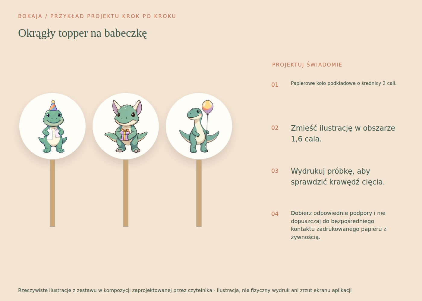 Okrągły topper na babeczkę: przykładowy projekt z ilustracjami Dinosaur Birthday Adventure