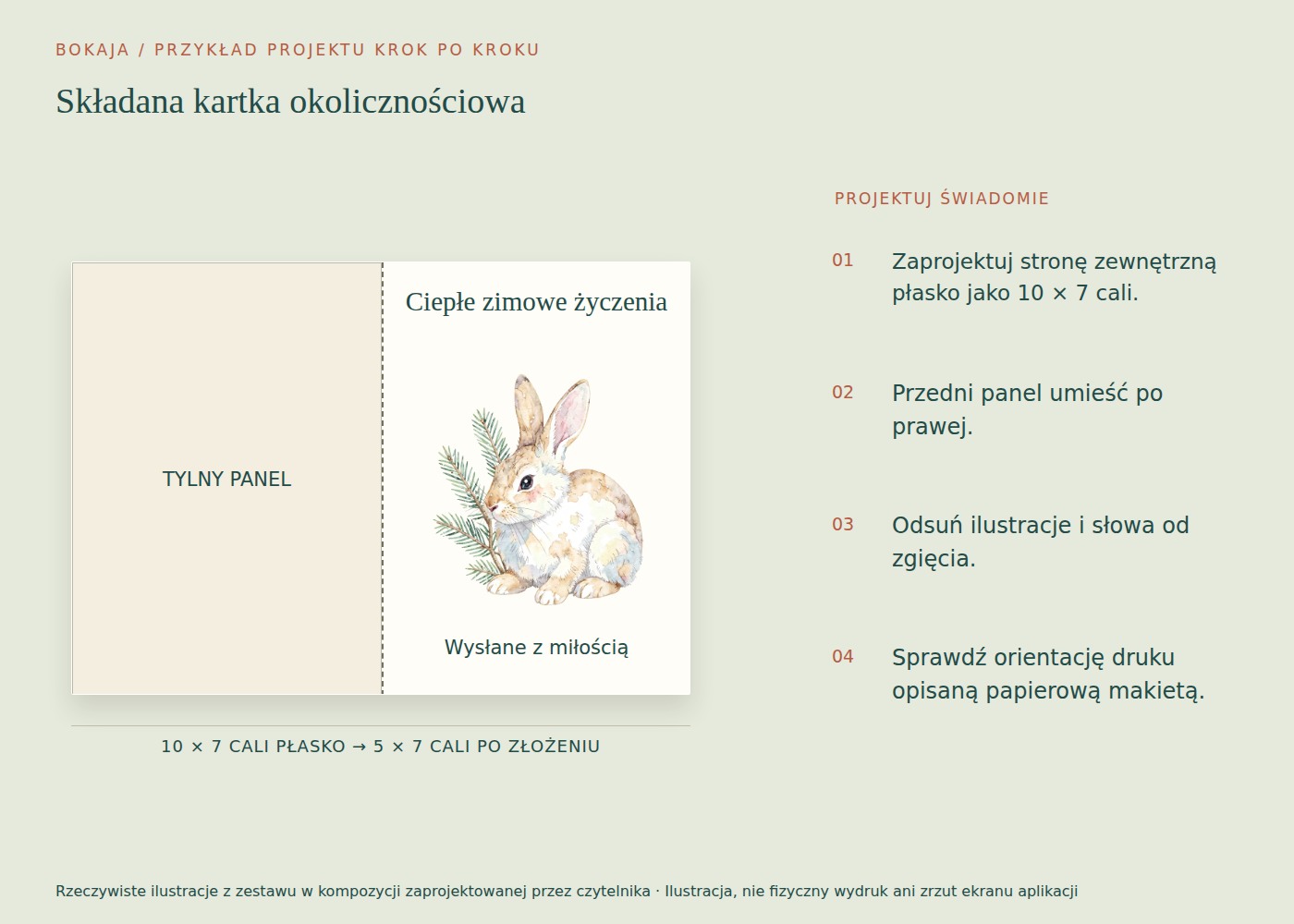 Składana kartka okolicznościowa: przykładowy projekt z ilustracjami Watercolor Winter Hare Evergreen Postcard Studio