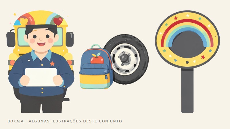 Ilustrações da coleção de PNGs Aventura da Manhã no Ônibus Escolar