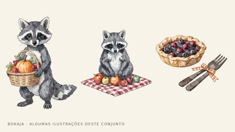 Ilustrações da coleção de PNGs Piquenique de Gratidão de Ação de Graças dos Guaxinins