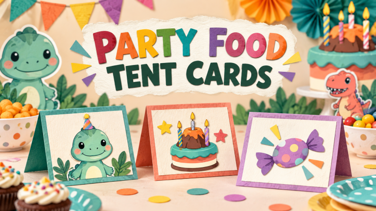 Birthday party buffet with three folded food tent cards and dinosaur artwork