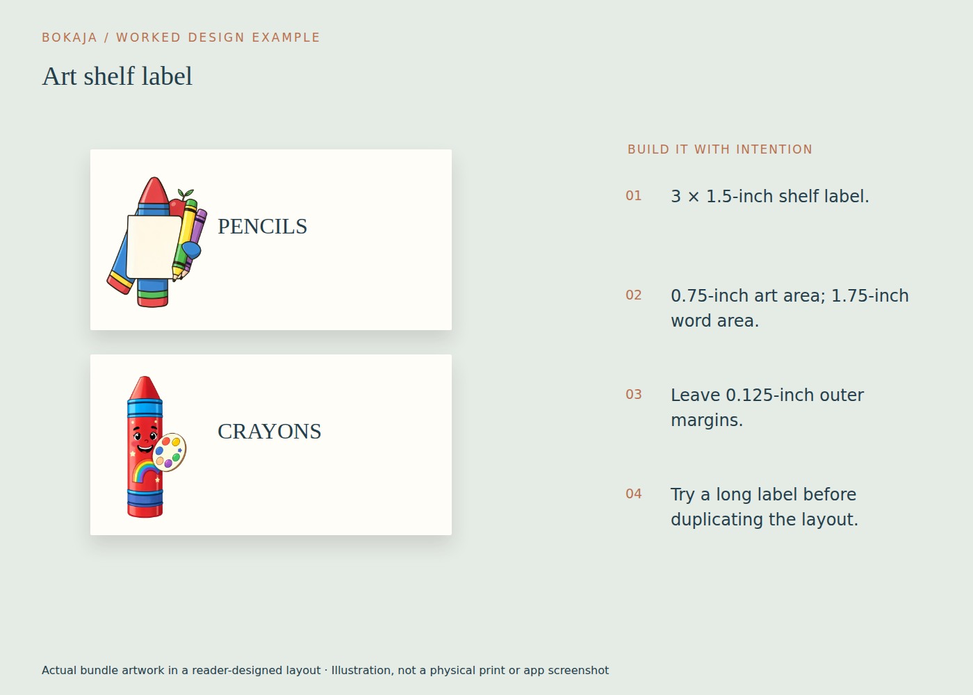 Art shelf label: example layout made with Rainbow Crayon Art Studio artwork