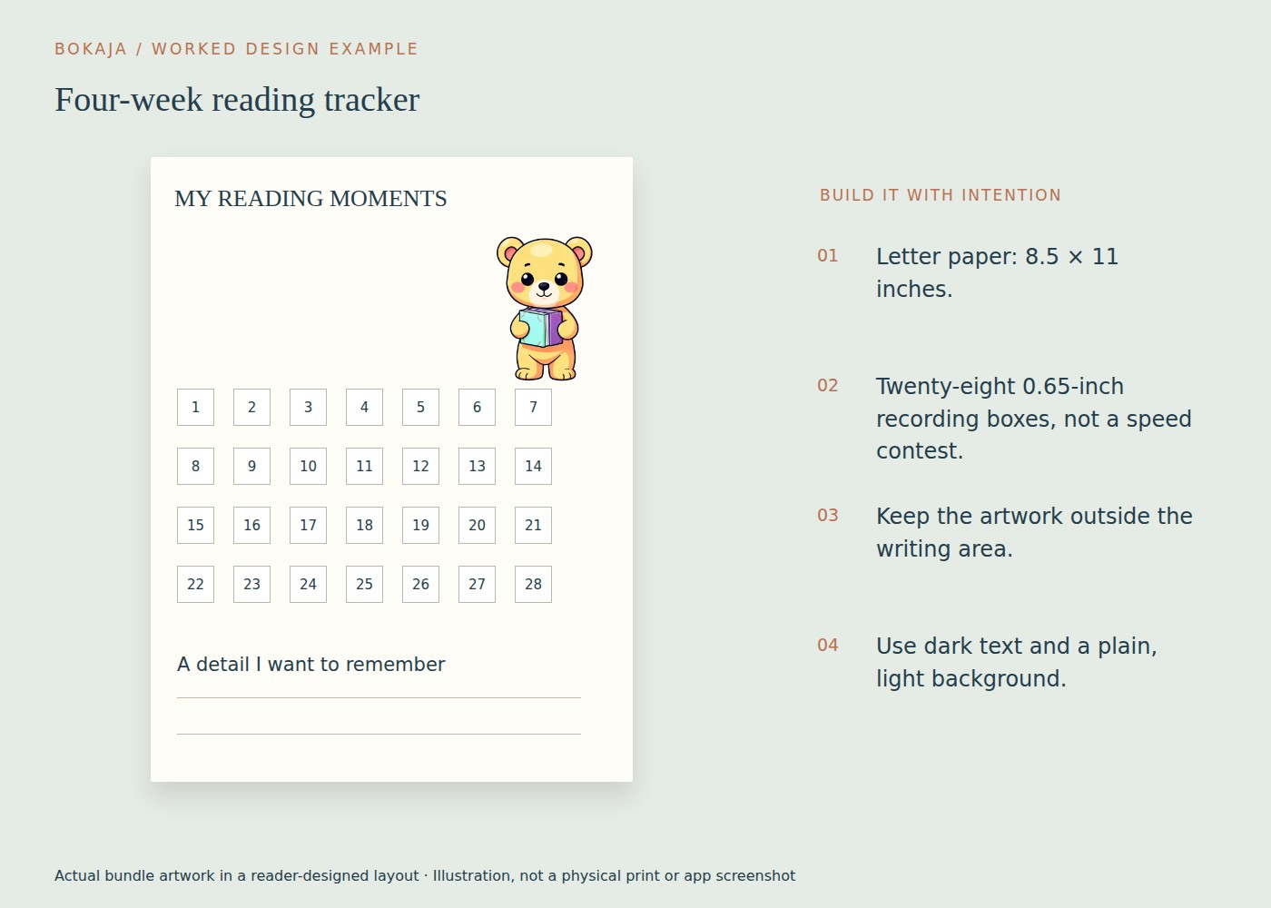 Four-week reading tracker: example layout made with Storybook Pencil & Book Club artwork