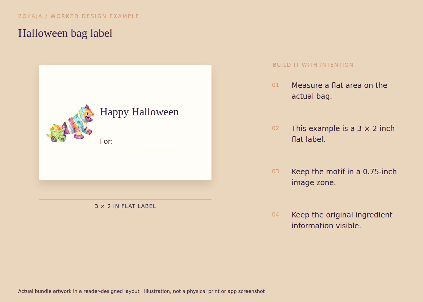 Halloween bag label: example layout made with Little Monster Trick-or-Treat Parade artwork