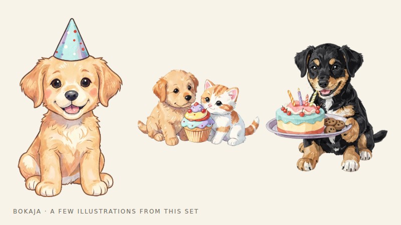 Illustrations from the Puppy Birthday Bakery PNG collection